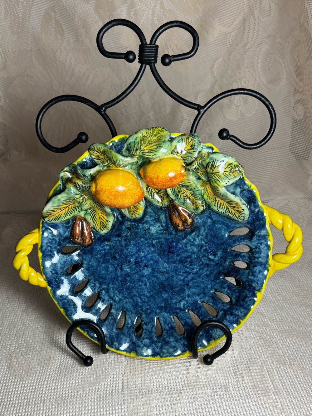 Vintage 3D Mexican Folk Art Majolica Blue Orange and Green.Hand Painted Bowl.